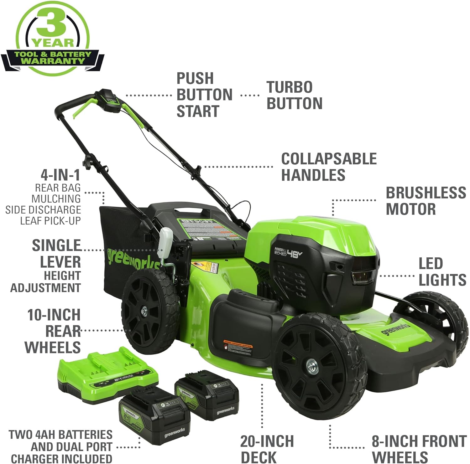 Greenworks 48V (24V x 2) 20" Cordless Battery Mower, 12" String Trimmer/Edger, & 320 CFM Blower Combo Kit w/ (2) 4.0Ah Batteries, (1) 2.0Ah Battery & Chargers - Image 2
