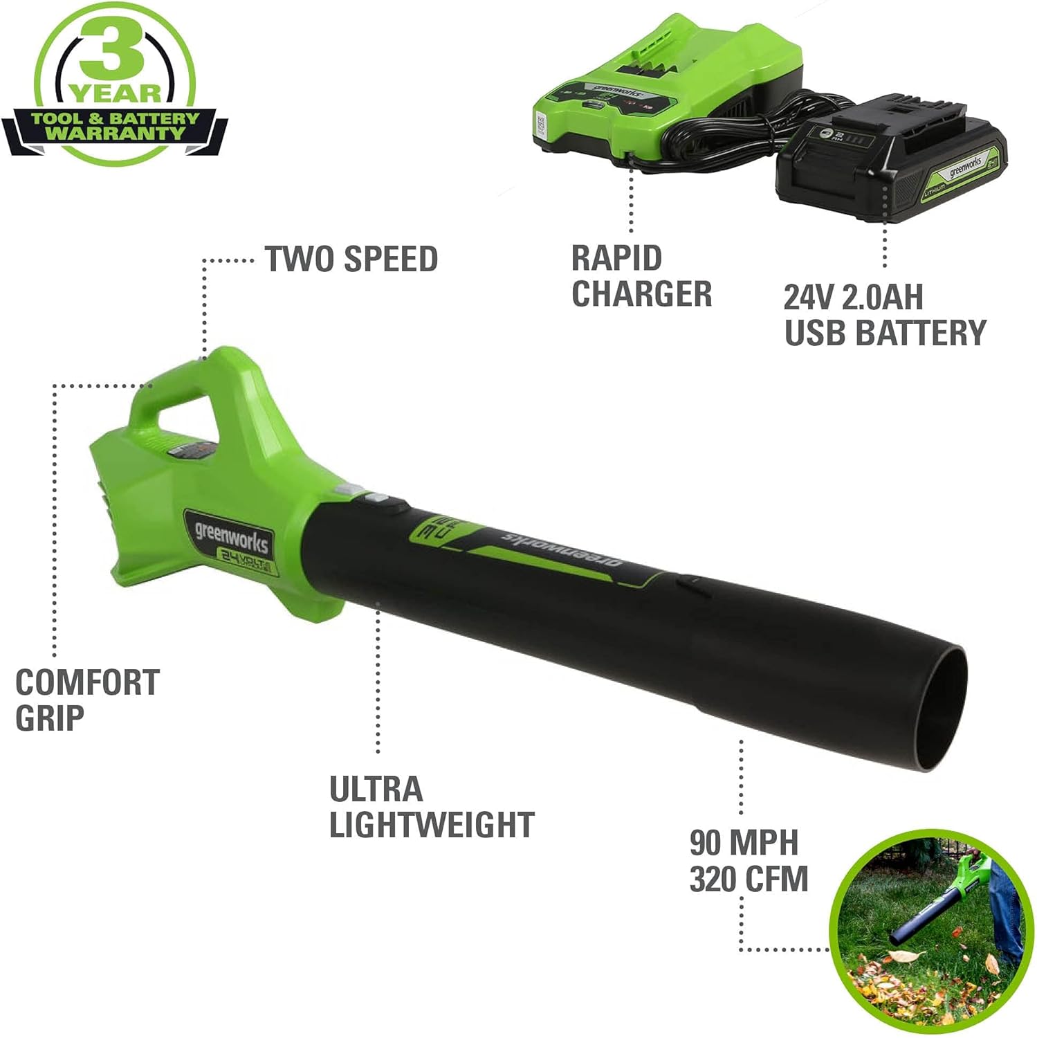 Greenworks 48V (24V x 2) 20" Cordless Battery Mower, 12" String Trimmer/Edger, & 320 CFM Blower Combo Kit w/ (2) 4.0Ah Batteries, (1) 2.0Ah Battery & Chargers - Image 3