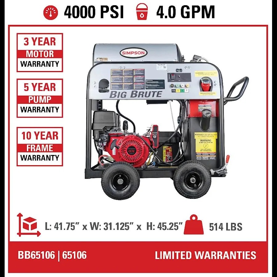 Simpson BB65106 Big Brute Professional 4000 PSI (Gas-Hot Water) Pressure Washer - UK Fast Gas - Image 4